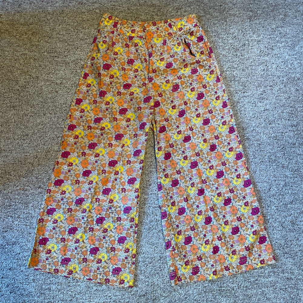 Free People Floral Wide-Leg Pants in Yellow Orange Pink